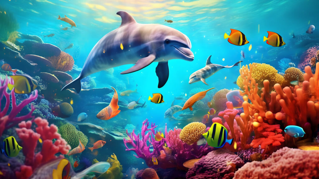 Dolphin among colourful coral — full design