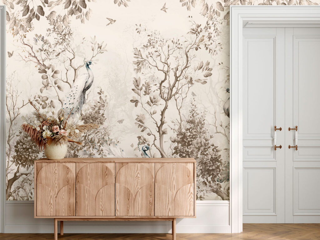 Peacocks in the Woodland in an interior