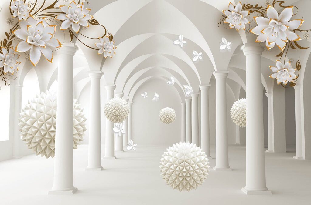 White orbs under arches — full design