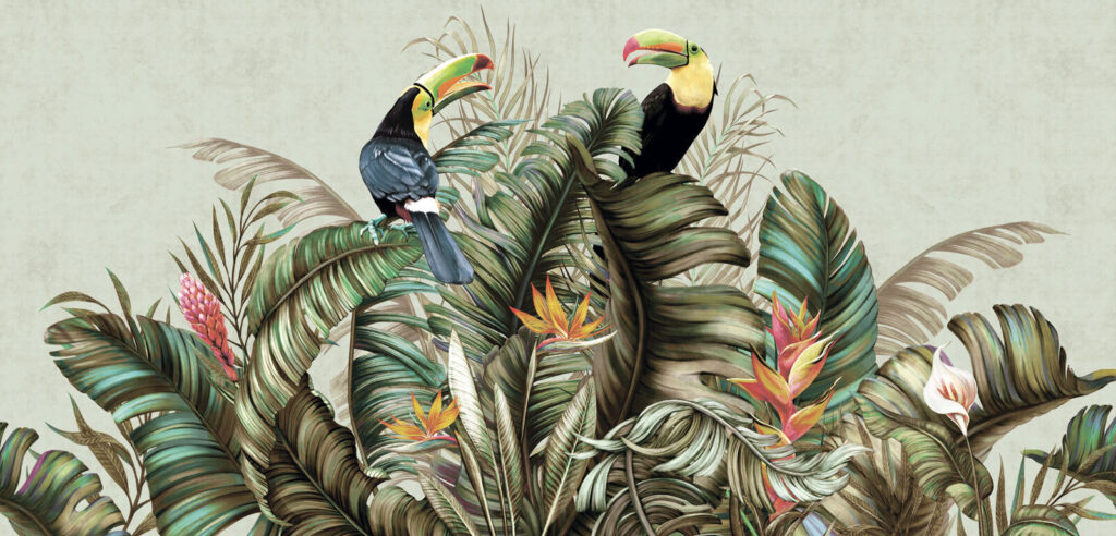 Toucans among jungle leaves — full design