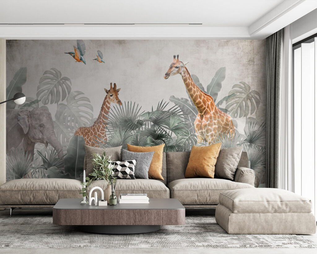 Giraffes among palm leaves — interior 2