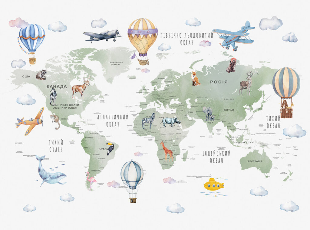 Balloons above world map — full design