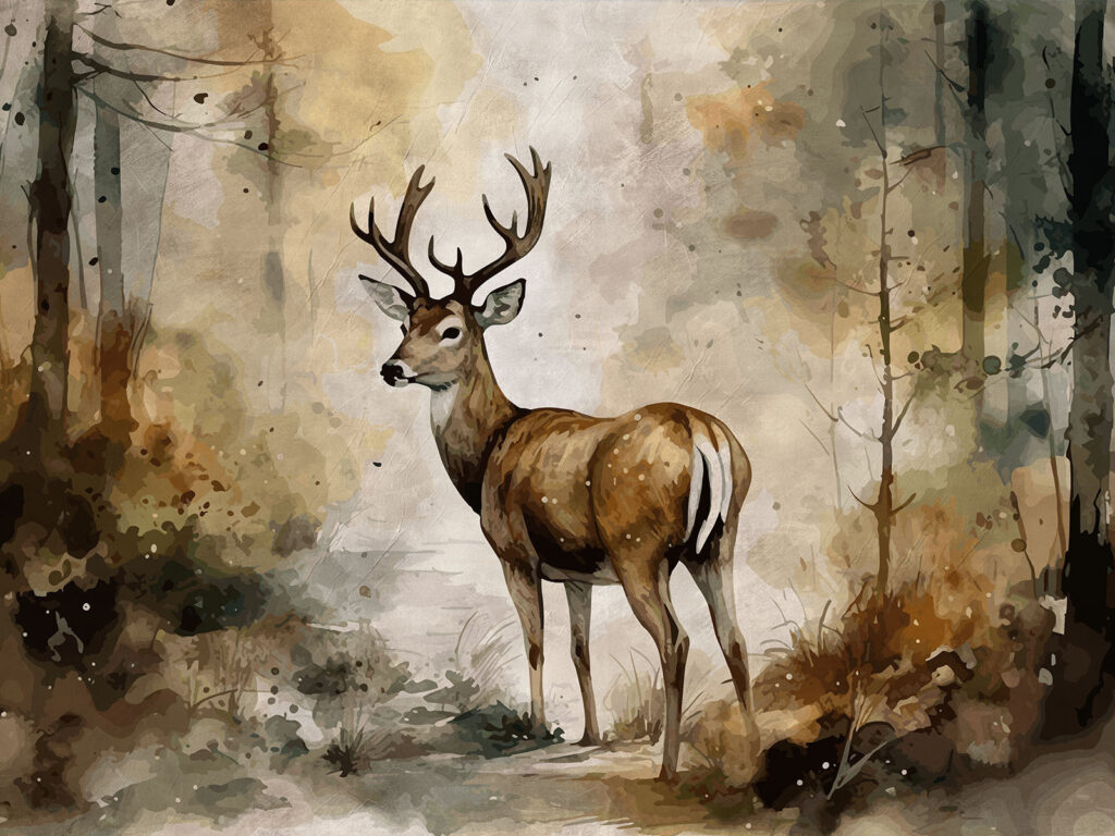 Deer in woodland watercolour — full design