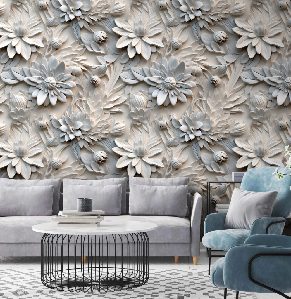 White flowers in relief — interior 3