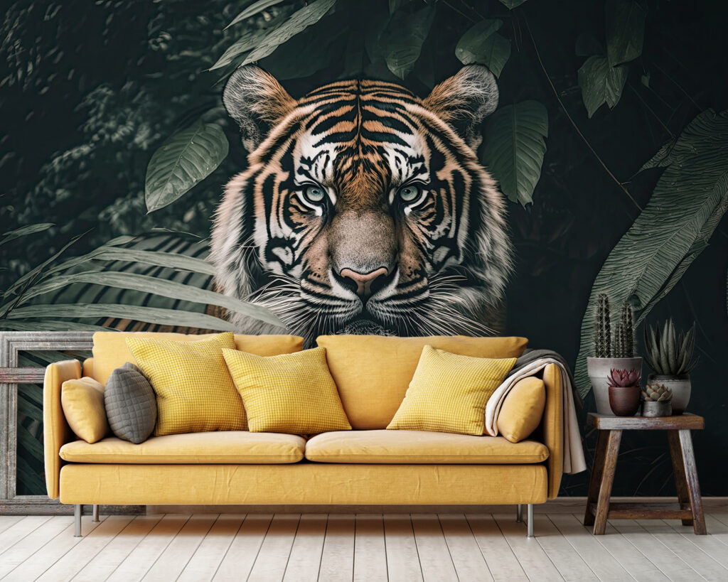 Tiger among dark leaves — interior 2
