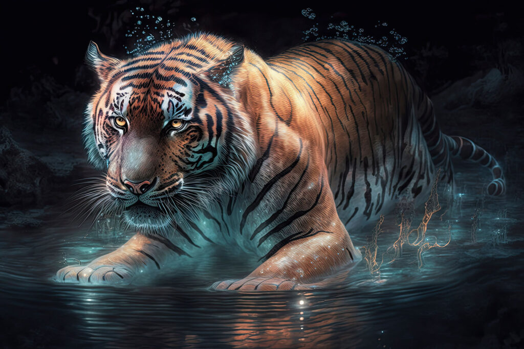 Tiger wading through water — full design