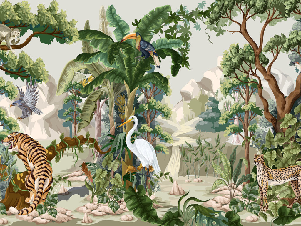 Jungle animals in landscape — full design