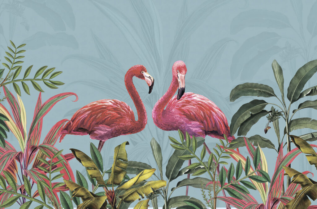 Flamingos among tropical leaves — full design
