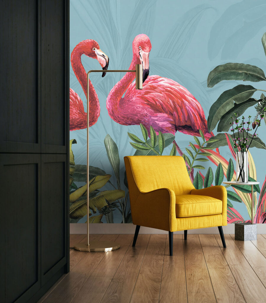 Flamingos among tropical leaves — interior 1