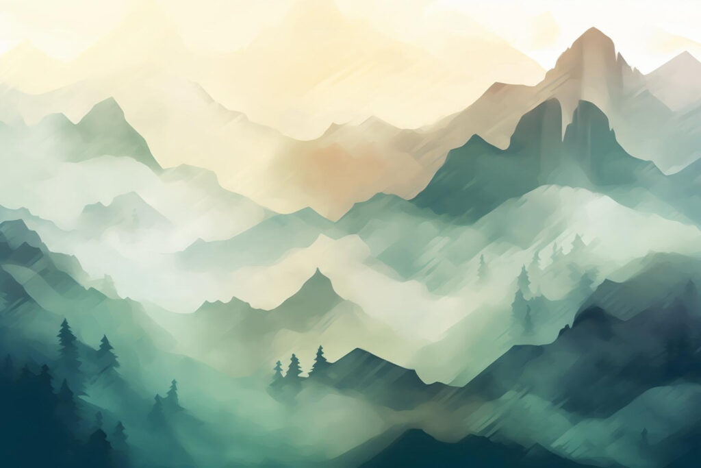 Green mountains in watercolour — full design