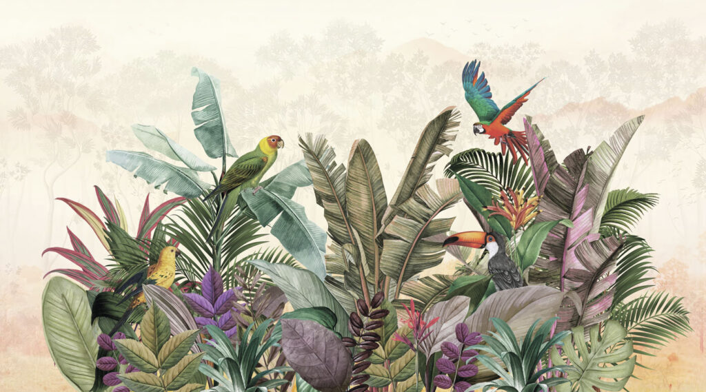 Parrots above pastel jungle — full design