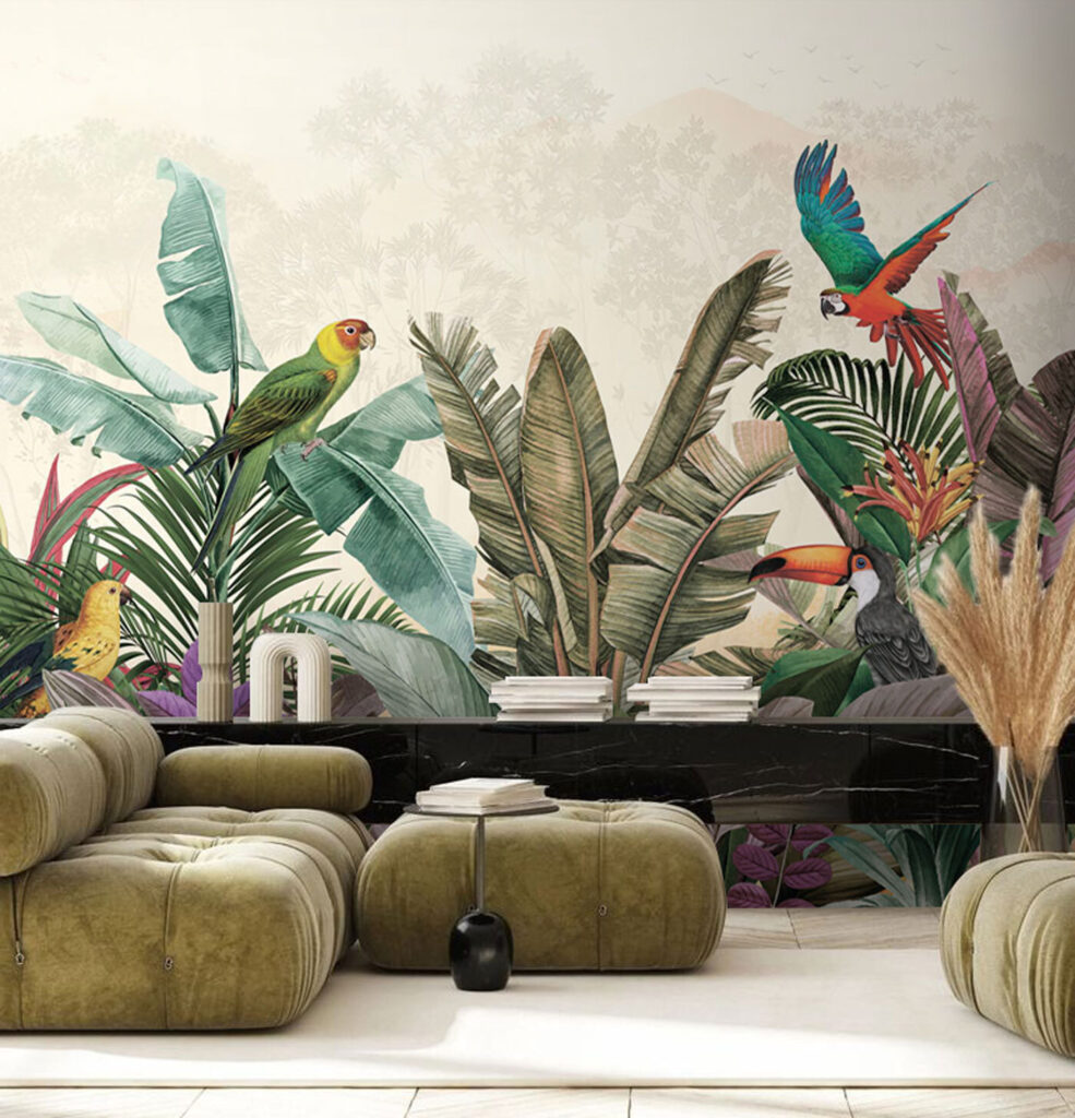 Parrots above pastel jungle — interior 1