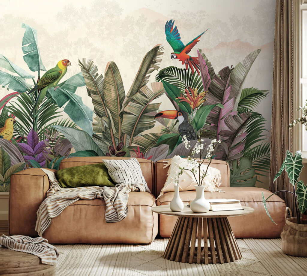 Parrots above pastel jungle — interior 2