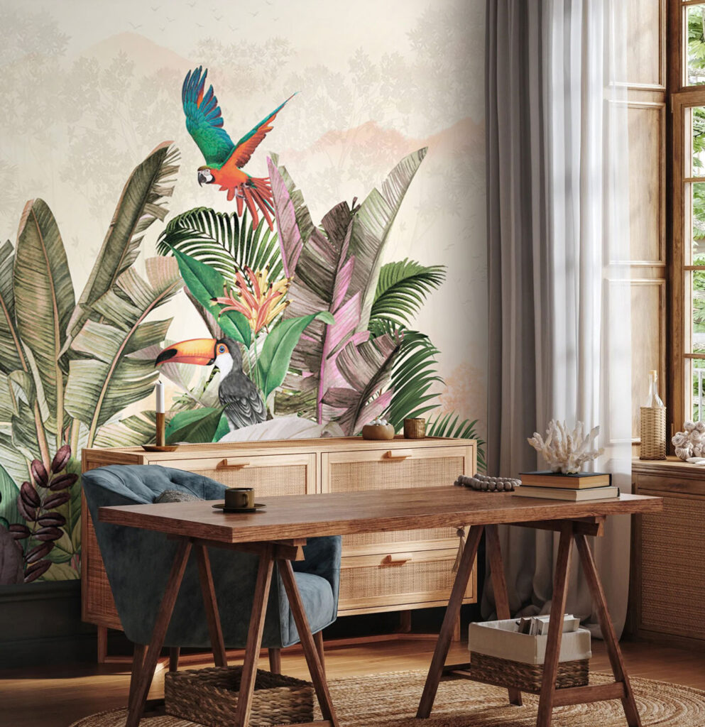 Parrots above pastel jungle — interior 3