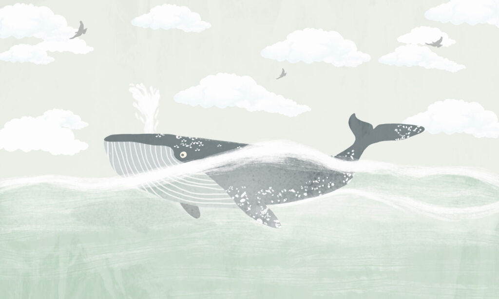 Whale under drawn clouds — full design