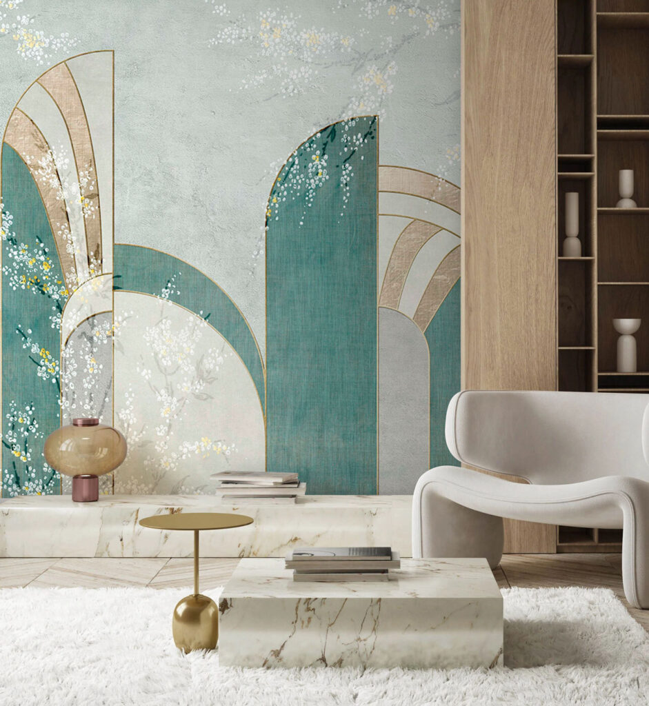 Turquoise arches with blossoms — interior 1