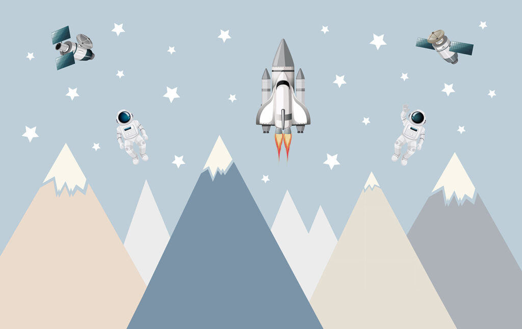Astronauts above flat mountains — full design