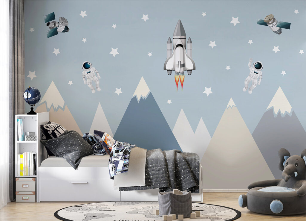 Astronauts above flat mountains — interior 1