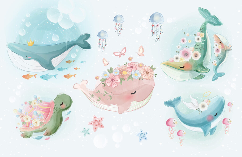 Little Floral Whales — full design