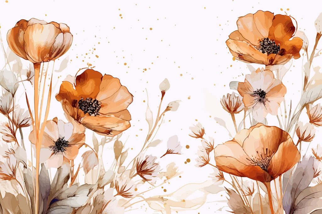 Ochre flowers in watercolour — full design
