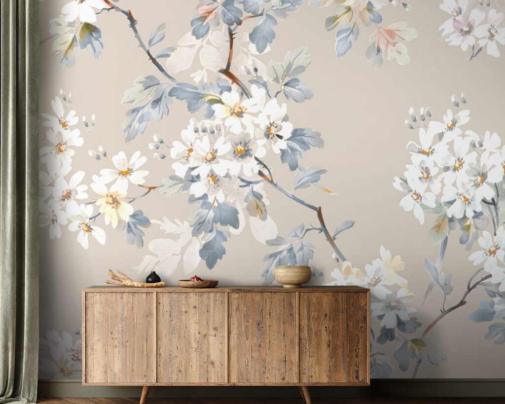 White blossom on taupe — interior 1
