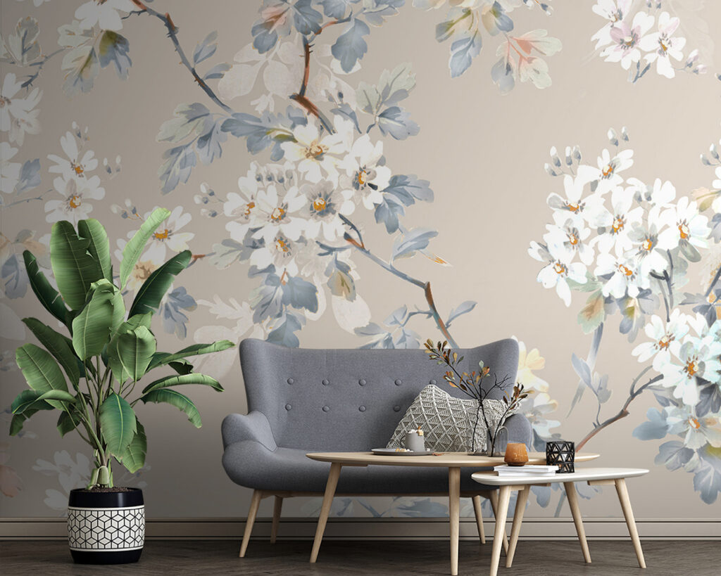 White blossom on taupe — interior 3