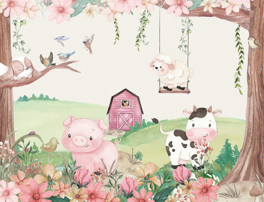 Farm animals under blossom — full design
