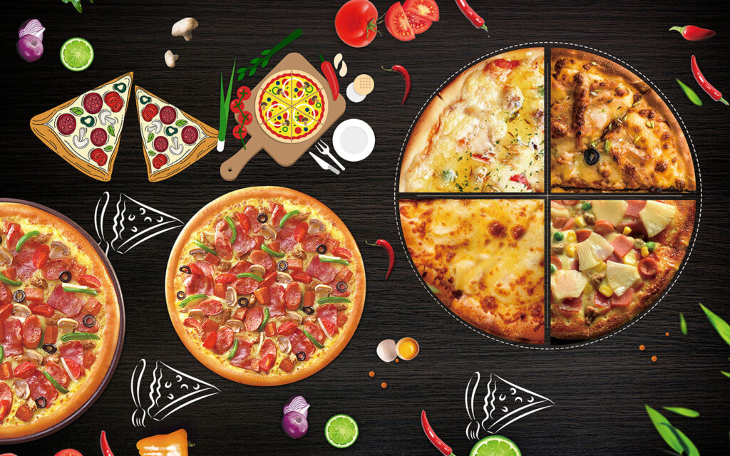 Pizzas among herbs — full design