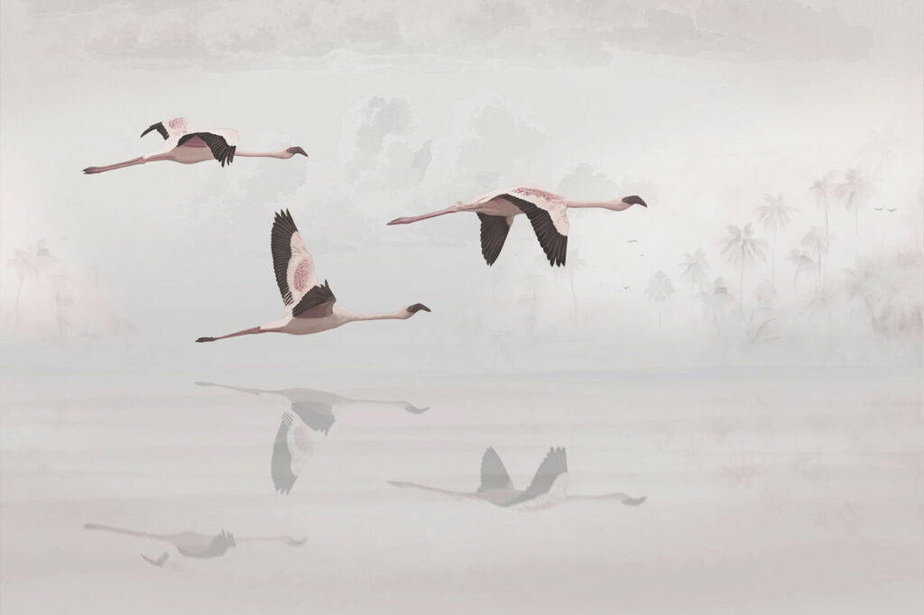 Birds over pale water — full design