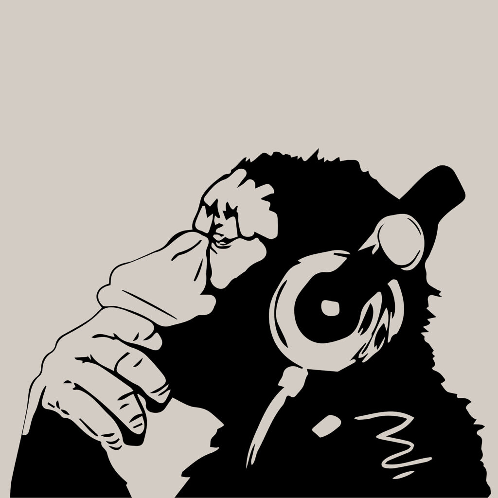 Monkey listening to headphones — full design