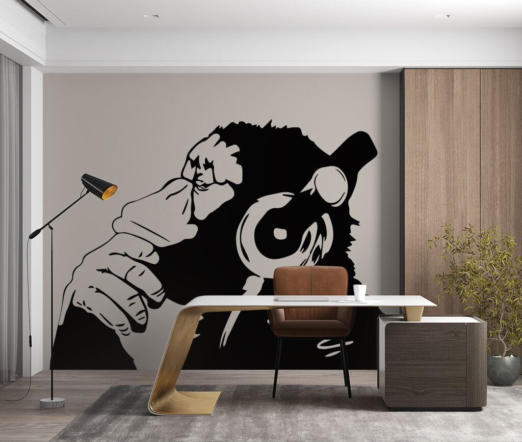 Monkey listening to headphones — interior 1
