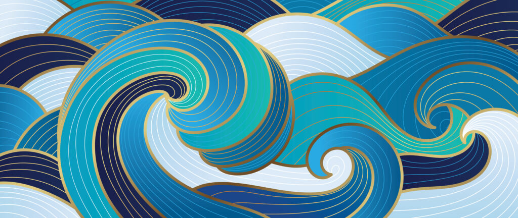 Blue waves, gold lines — full design