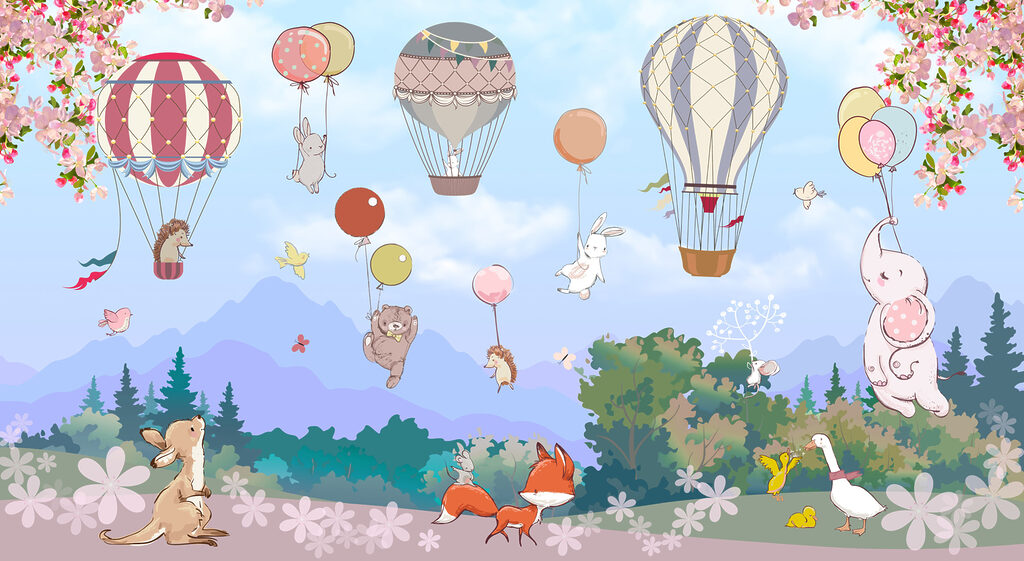 Animal balloons over flowers — full design