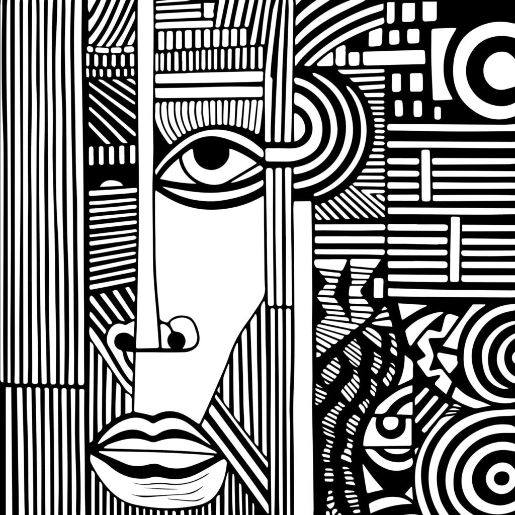 Stylised face in lines — full design