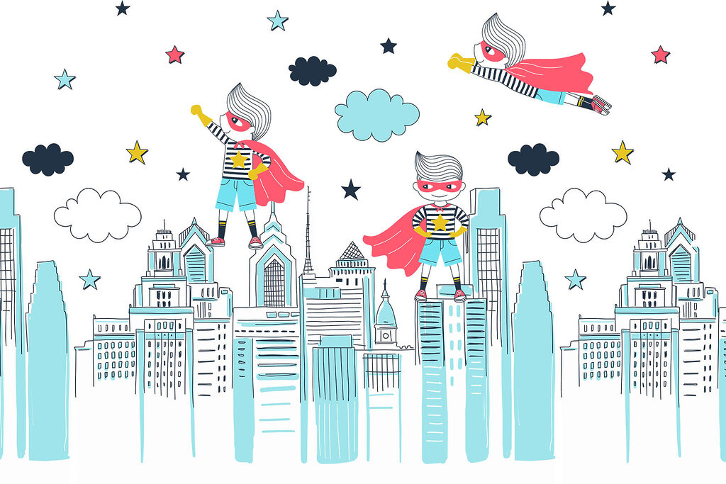 Superheroes above the city — full design