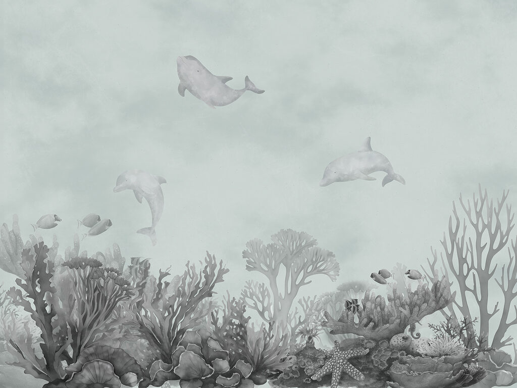 Dolphins above corals — full design