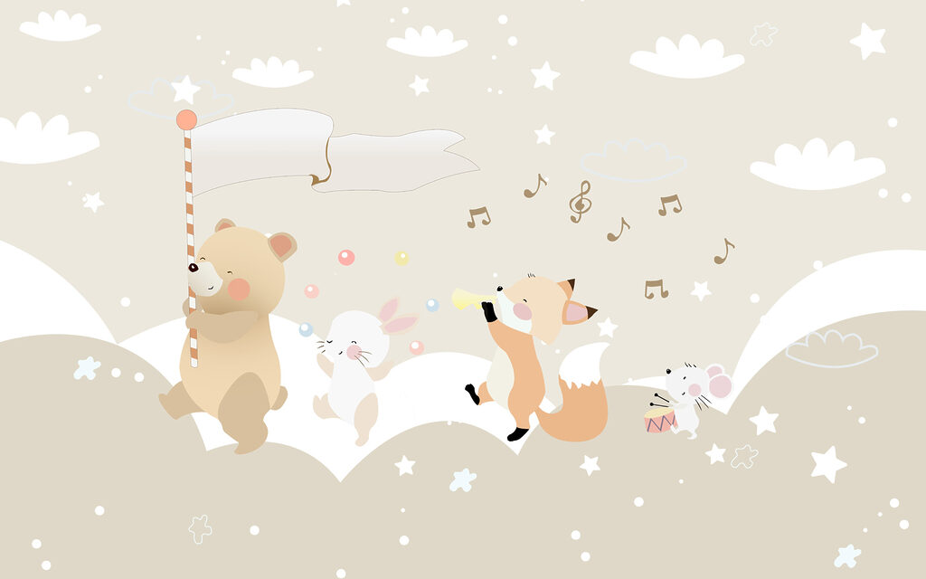 Musical animals on clouds — full design