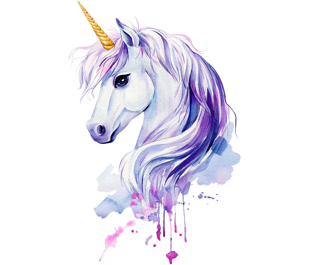 Unicorn in purple watercolour — full design