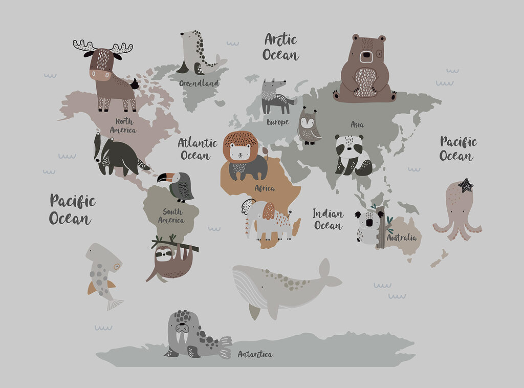Animals on world map — full design