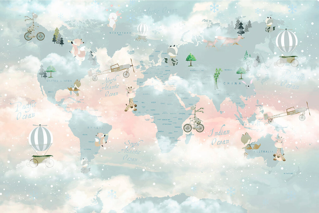 World map among clouds — full design