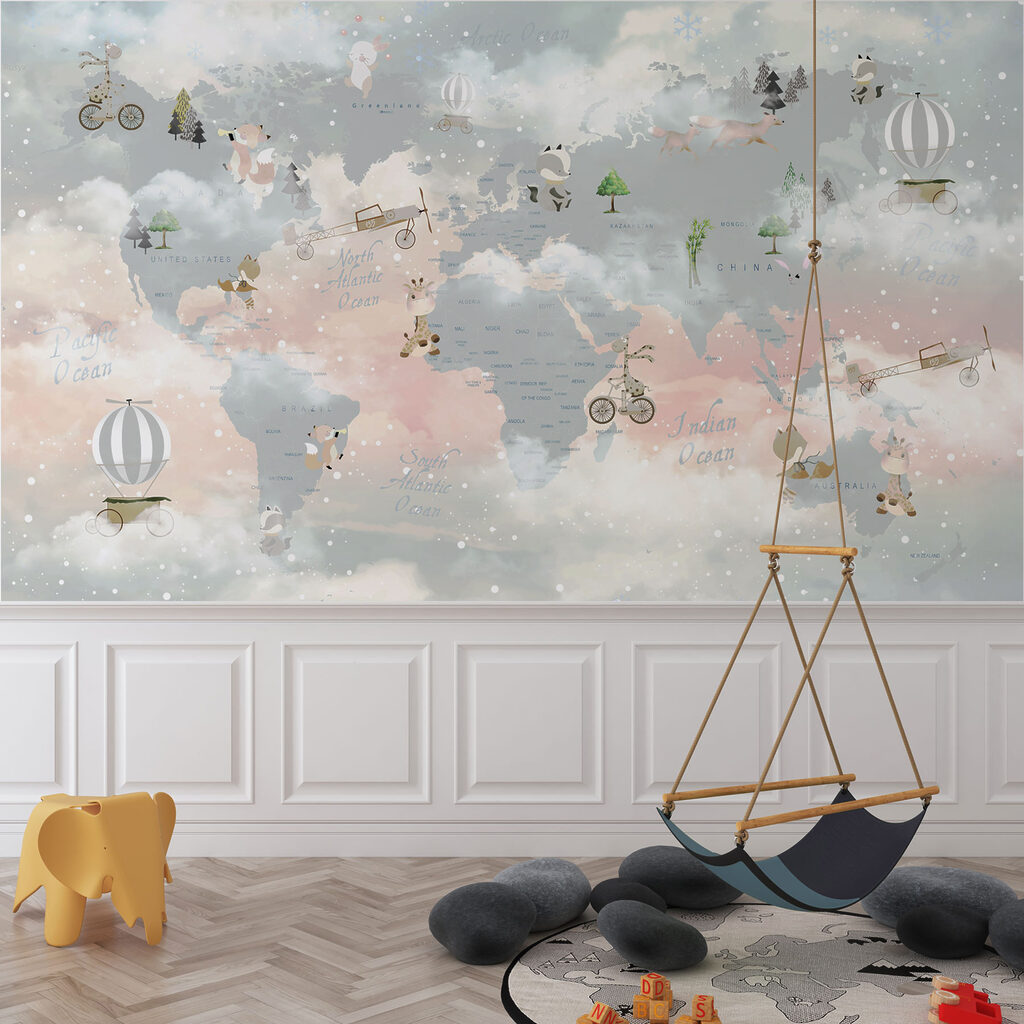 World map among clouds — interior 1