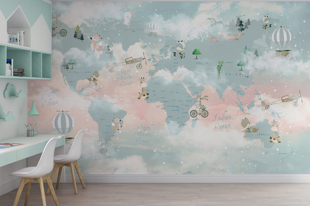 World map among clouds — interior 2