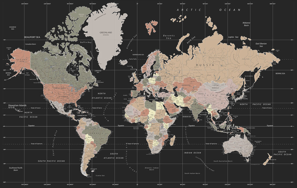 World map on anthracite — full design