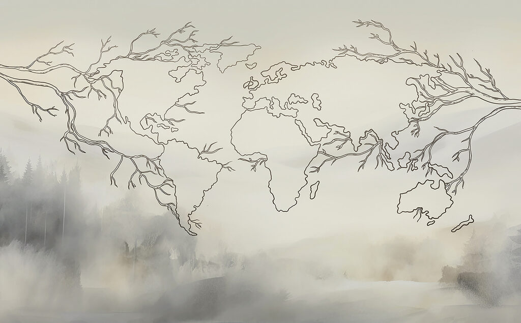 World map in mist — full design
