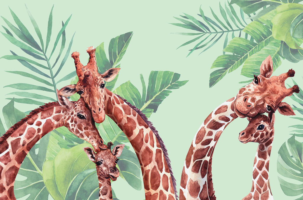 Three giraffes among leaves — full design