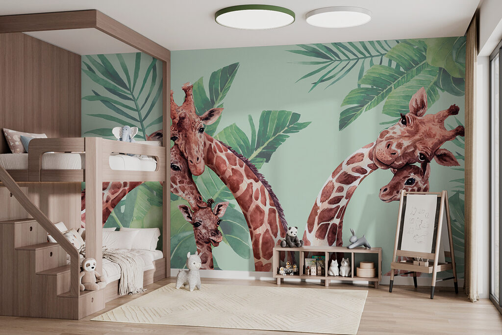 Three giraffes among leaves — interior 1