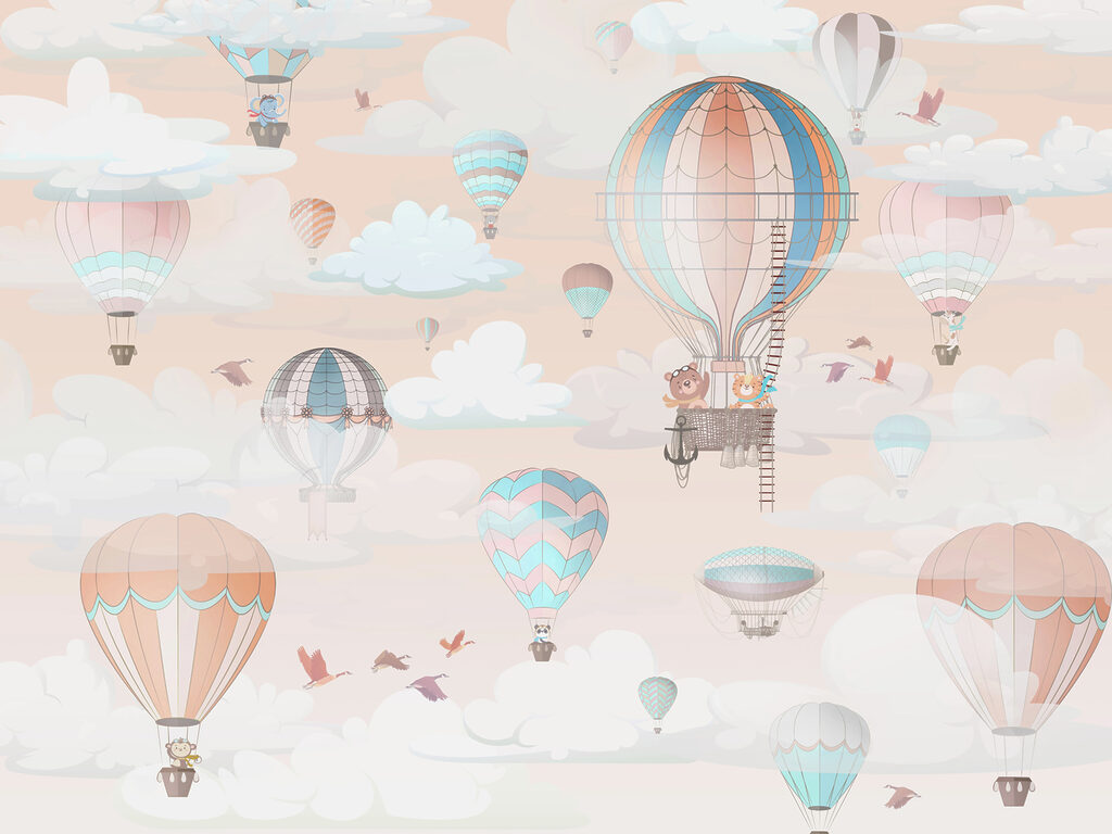 Pastel balloons among clouds — full design