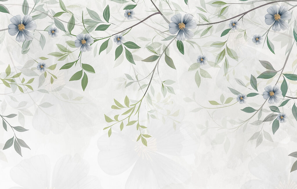 Blue flowers on twigs — full design