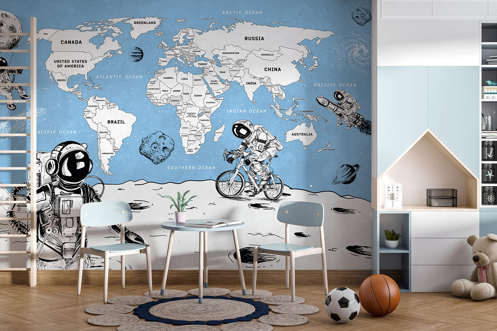 Astronauts under a map — interior 1