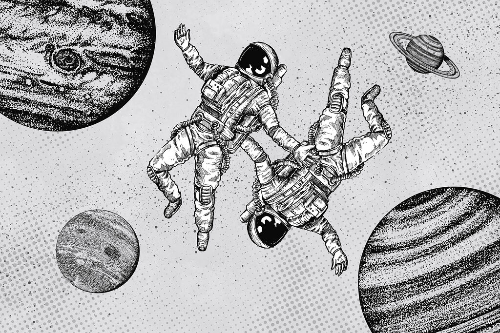 Two astronauts floating — full design